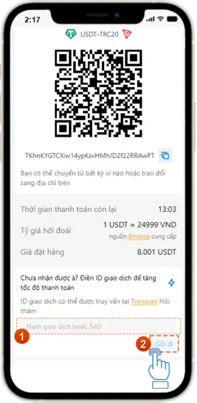 Bước 7: Coppy địa chỉ ví hoặc quét mã ví ở mục làm lệnh nạp trên Jun88
